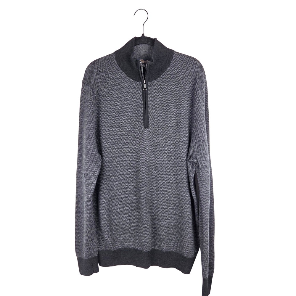 Brooks Brothers Extra Fine Merino Wool Gray‎ Herringbone 1/4 Zip Sweater L FLAWS